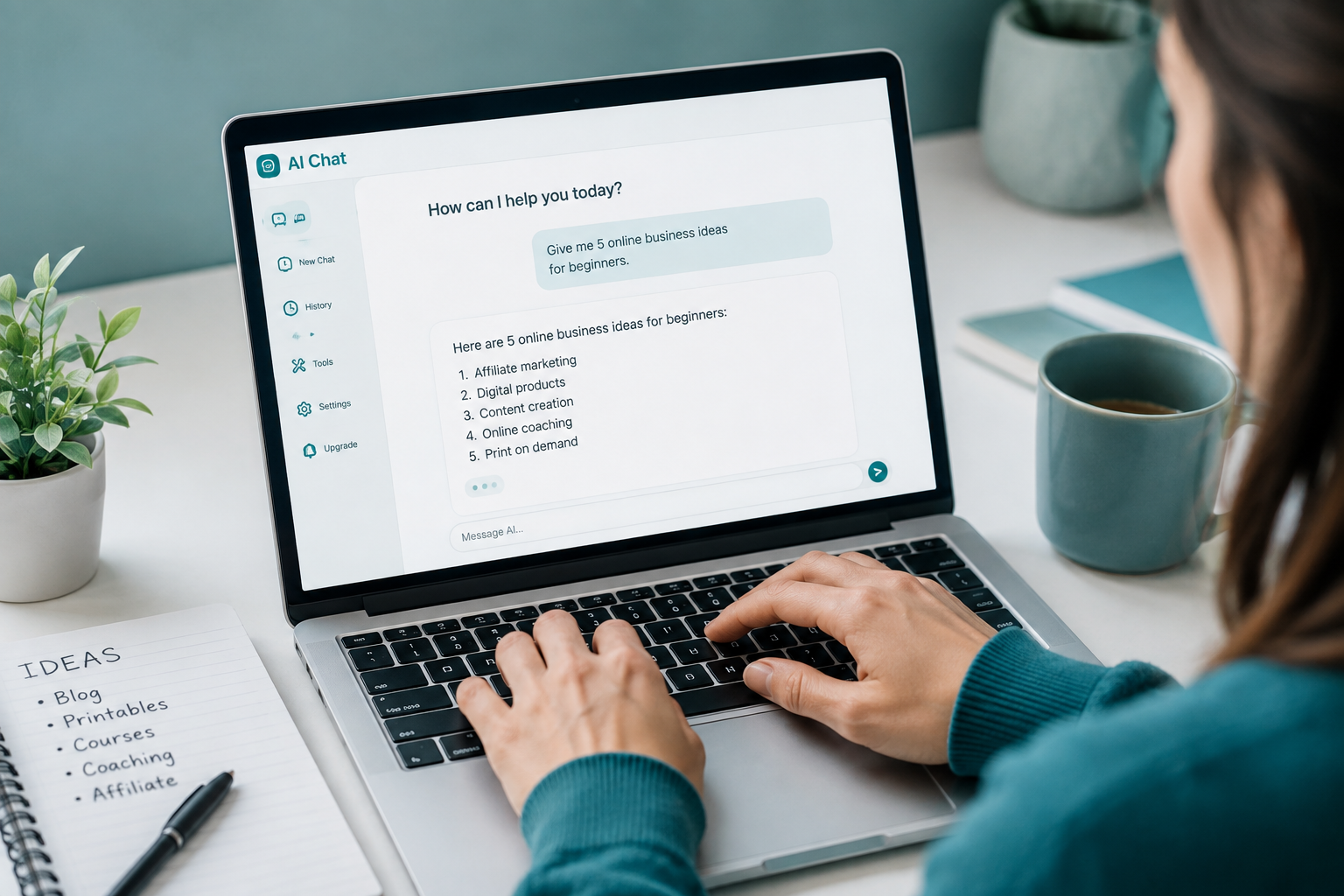 AI chat showing online business ideas for beginners