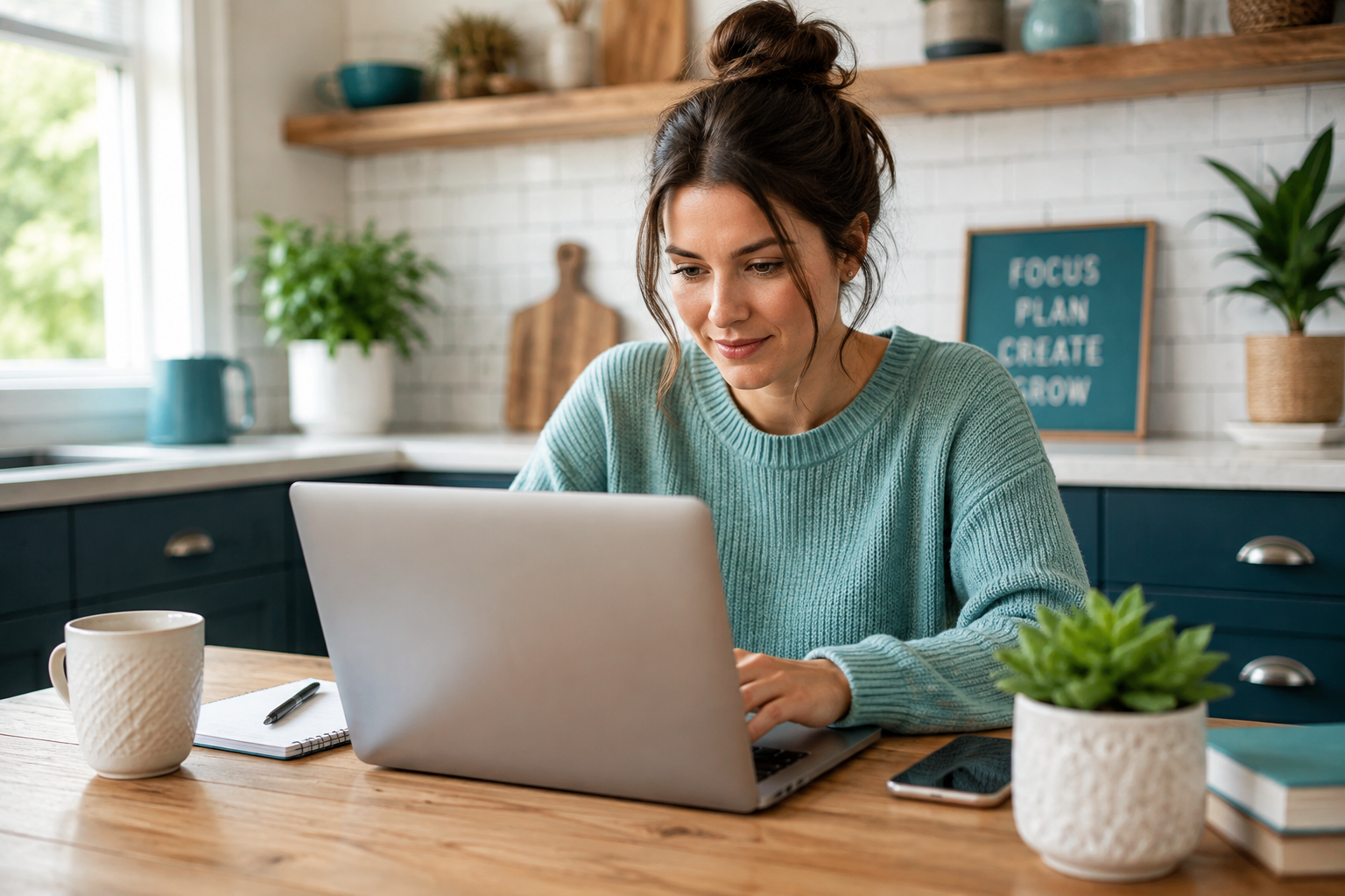A beginner working on a laptop at a kitchen table